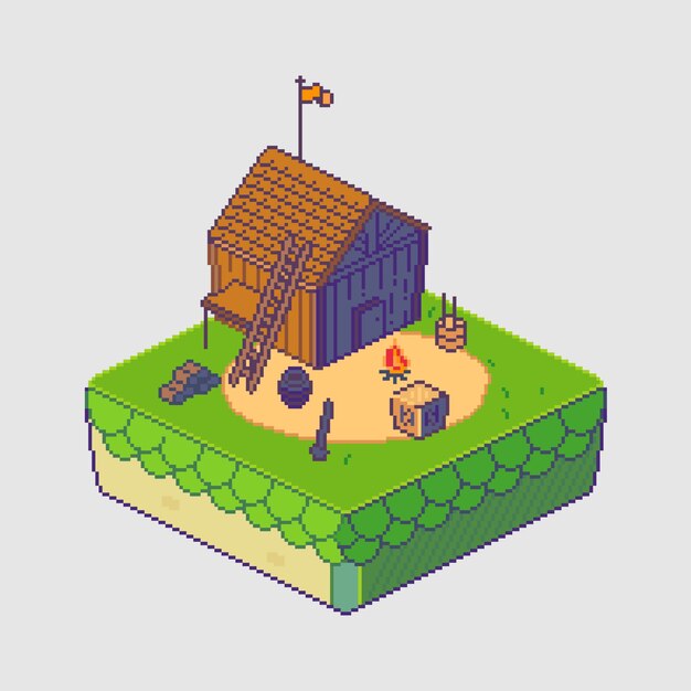 Escena de campamento de verano de pixel art isométrico