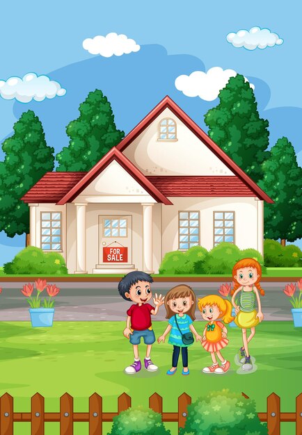 Escena de la casa al aire libre con muchos niños.
