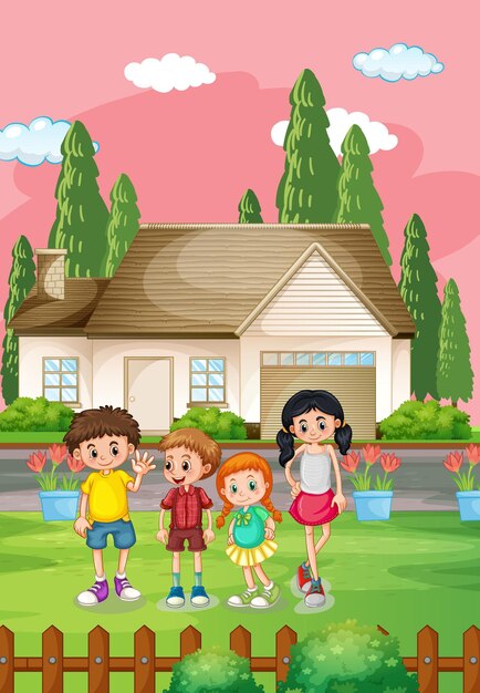 Escena de la casa al aire libre con muchos niños.
