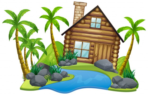 Escena con casa de madera en la isla sobre fondo blanco.