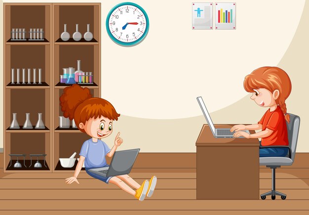 Escena en casa con niños usando sus computadoras portátiles.