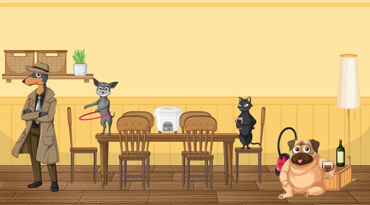 Vector gratuito escena en casa con perros bebiendo vino.