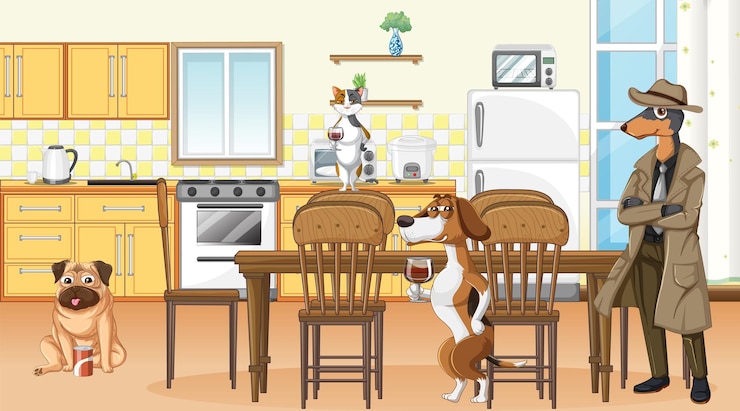Vector gratuito escena en casa con perros bebiendo vino.