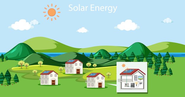 Escena con casas que usan energía solar.