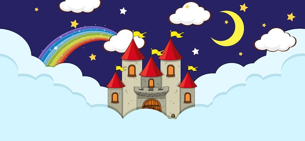 Escena con castillo de fantasía en la nube por la noche.