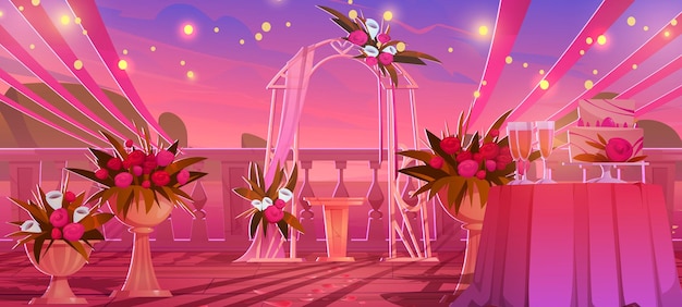Escena de la ceremonia de bodas en la playa del atardecer