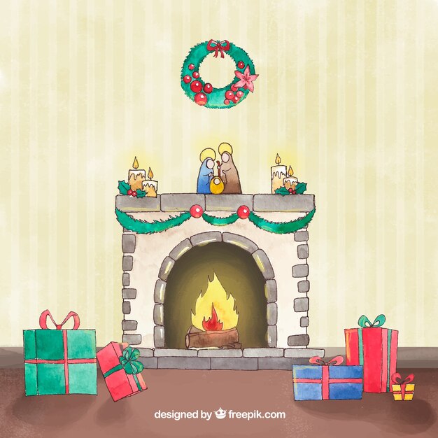 Escena de chimenea en acuarela
