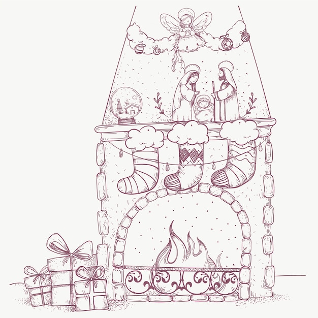 Escena de chimenea dibujada a mano de Navidad