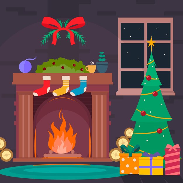 Escena de chimenea de navidad de diseño plano