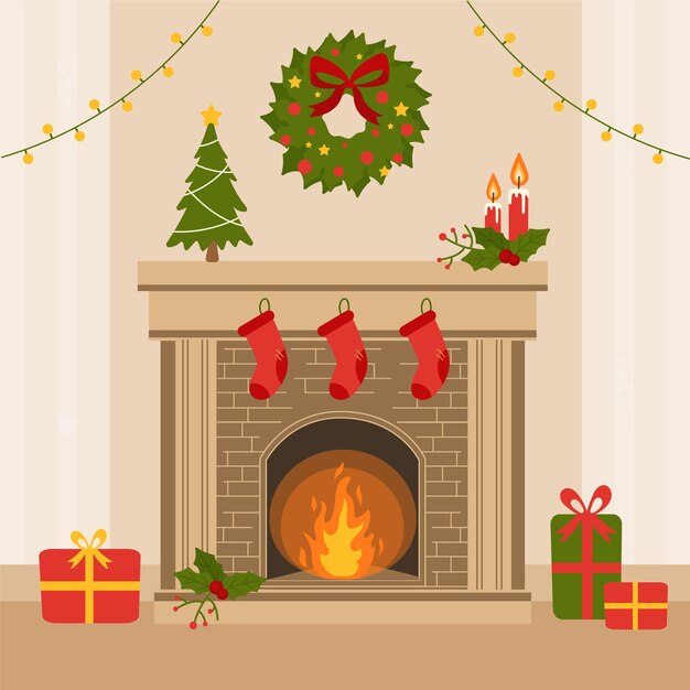 Escena de chimenea de navidad de diseño plano