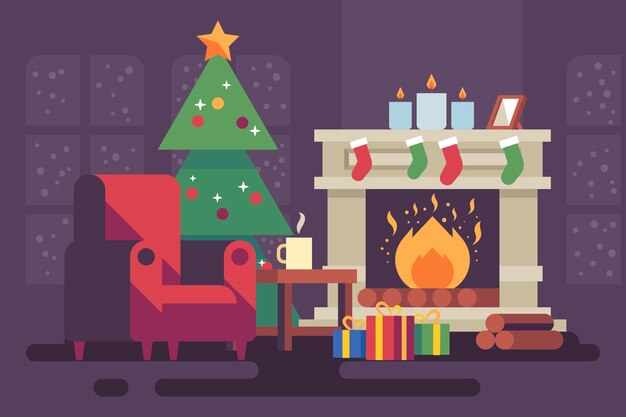 Escena de chimenea de navidad de diseño plano