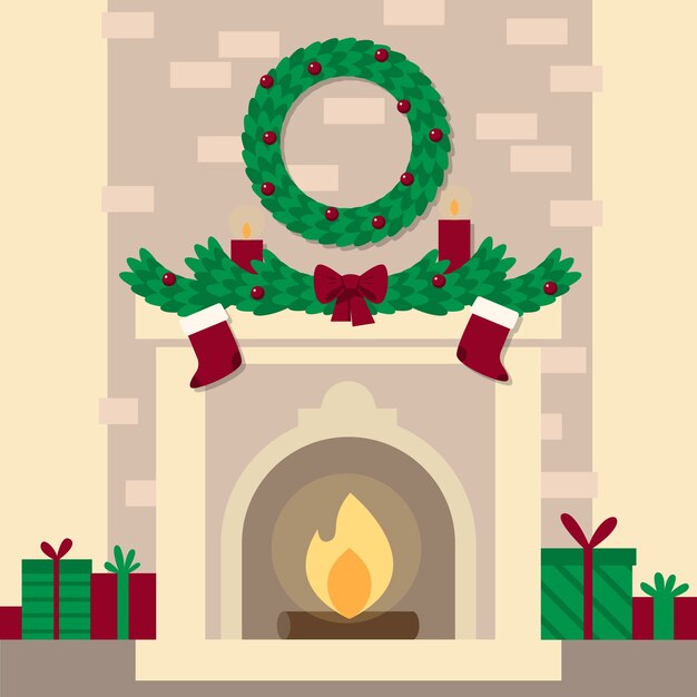 Escena de chimenea de navidad de diseño plano