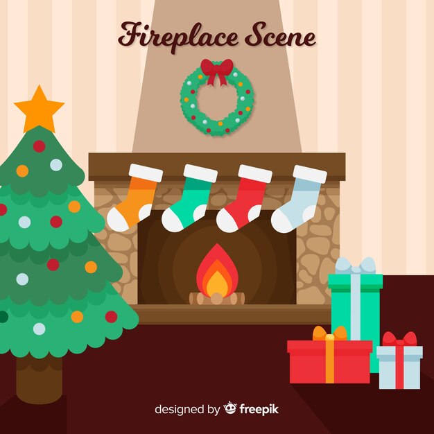 Escena de chimenea en navidad