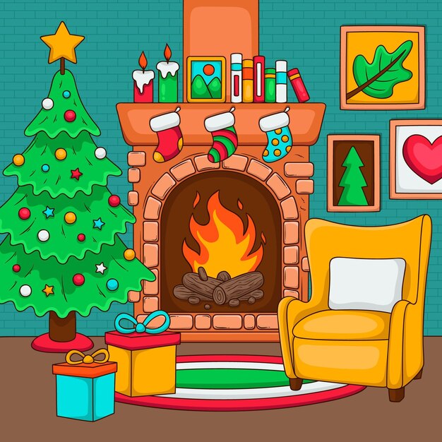 Escena de chimenea navideña dibujada a mano