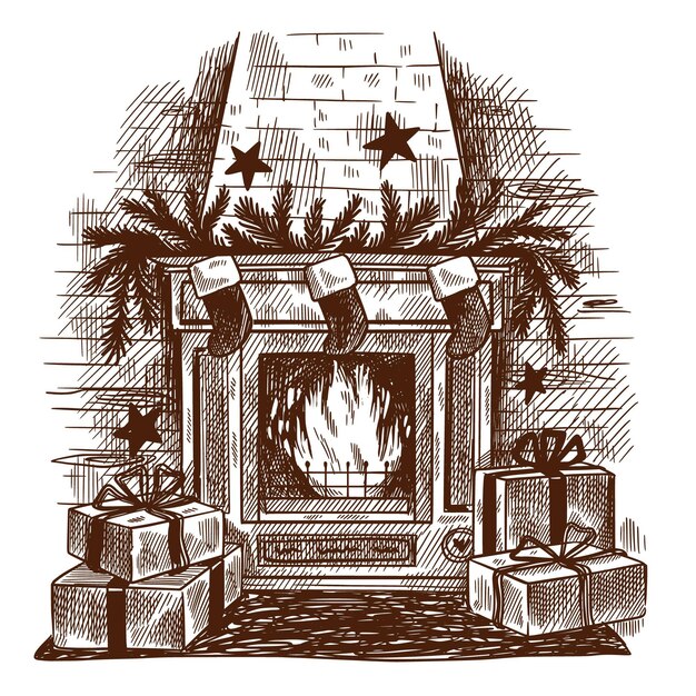 Escena de chimenea navideña dibujada a mano
