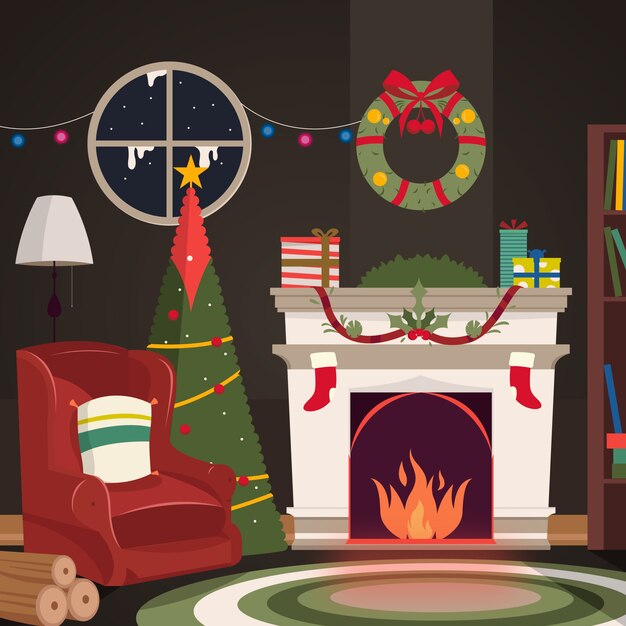 Escena de chimenea navideña de diseño plano