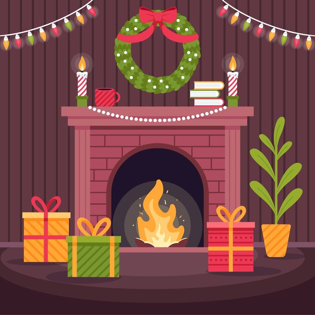 Escena de chimenea navideña de diseño plano