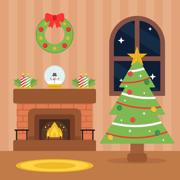 Escena de chimenea navideña en diseño plano