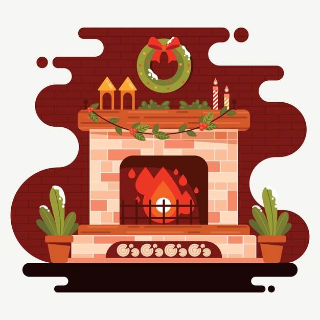 Escena de la chimenea navideña en diseño plano
