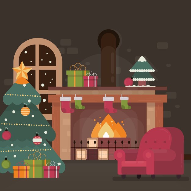 Escena de chimenea navideña en diseño plano