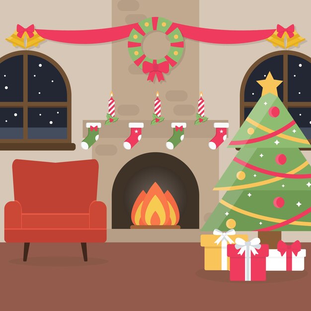 Escena de chimenea navideña en diseño plano