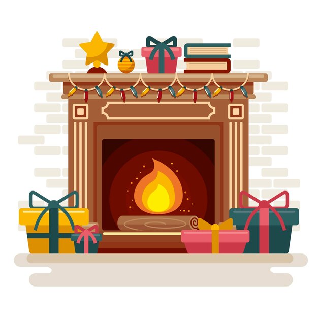 Escena de chimenea navideña en diseño plano