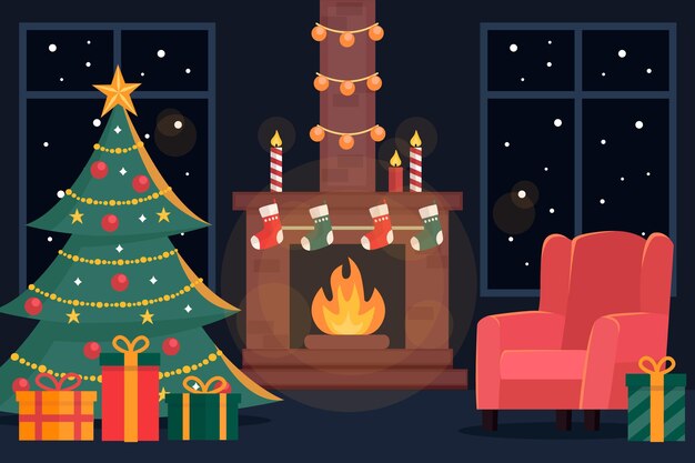 Escena de chimenea navideña de diseño plano