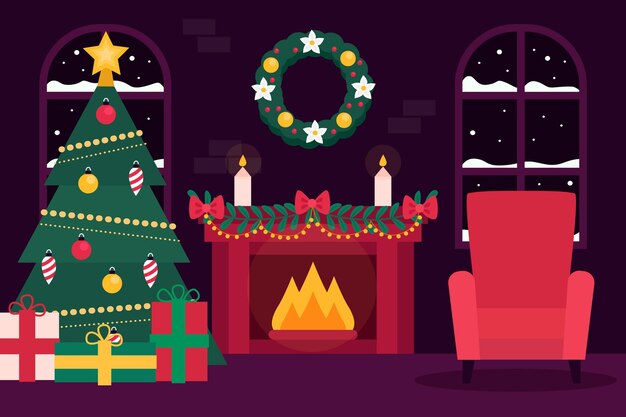 Escena de chimenea navideña de diseño plano