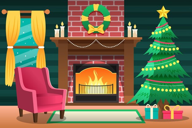 Escena de chimenea navideña en diseño plano