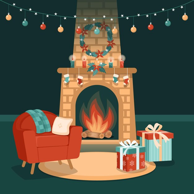 Escena de chimenea navideña de diseño plano