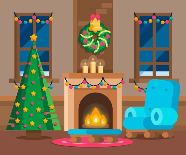 Escena de chimenea navideña de diseño plano