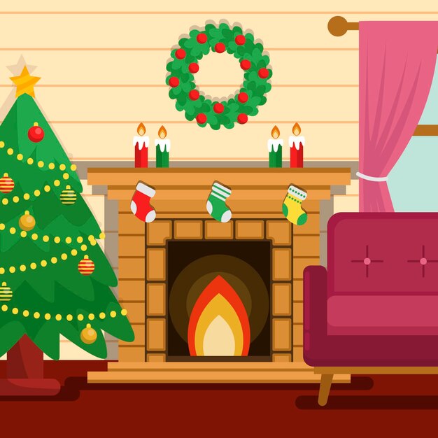 Escena de chimenea navideña en diseño plano