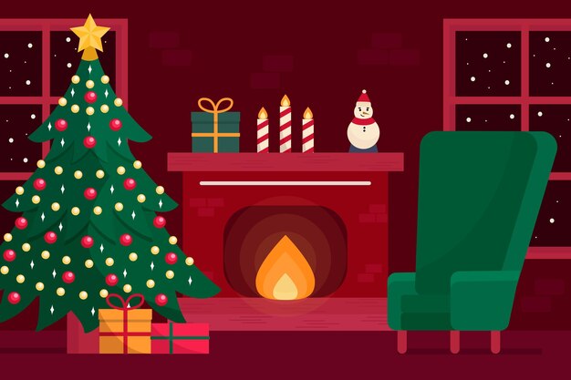 Escena de chimenea navideña de diseño plano