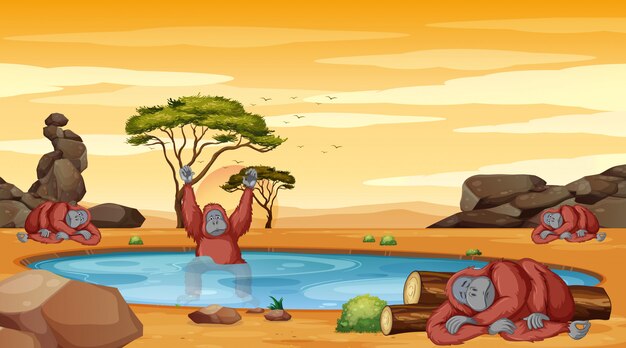 Escena con chimpancé en el estanque ilustración