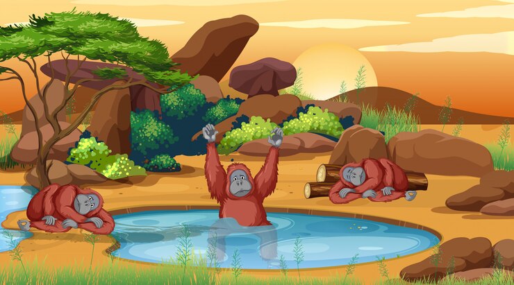 Vector gratuito escena con chimpancés en el estanque