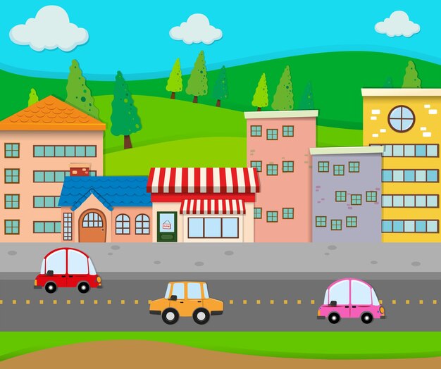 Escena de la ciudad con coches en la carretera.