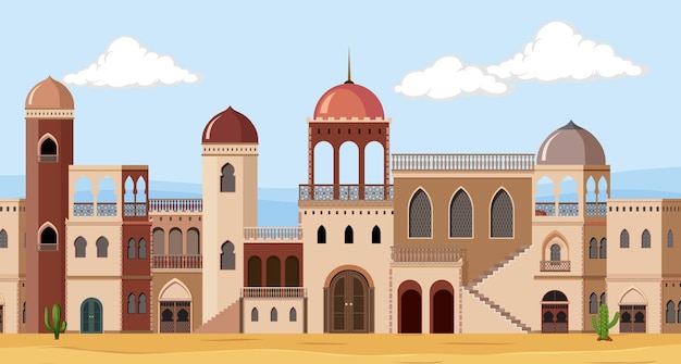 Escena de la ciudad con muchos edificios en el desierto.