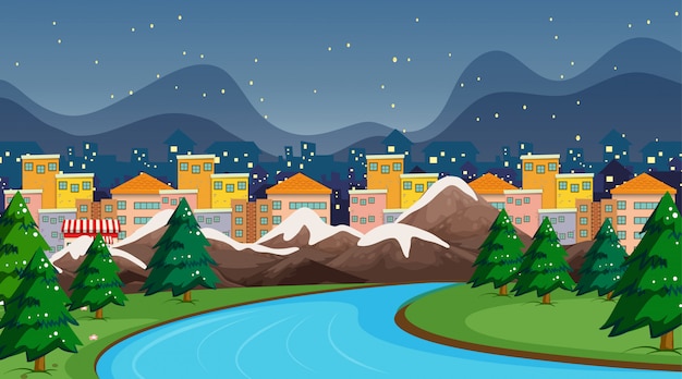 Vector gratuito escena de la ciudad con río y nieve