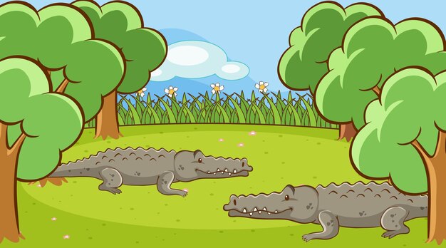 Escena con cocodrilos en el jardín.