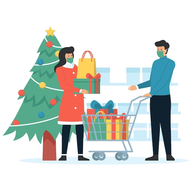 Vector gratuito escena de compras navideñas con máscaras.