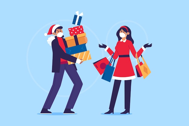 Escena de compras navideñas - con máscaras