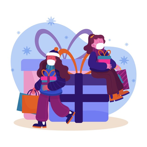 Escena de compras navideñas con mujeres con máscaras.