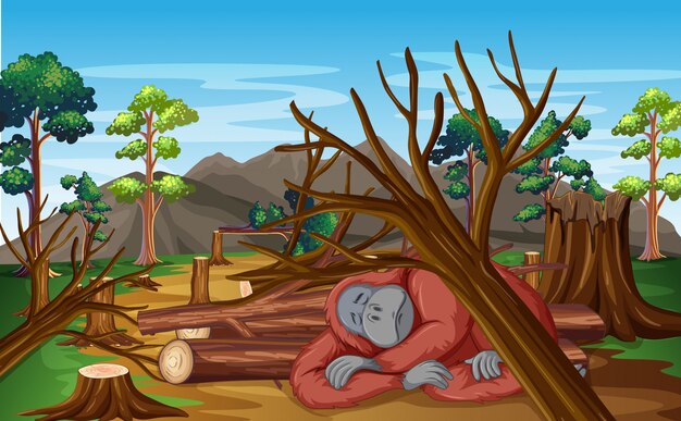 Escena de control de la contaminación con chimpancés y deforestación.