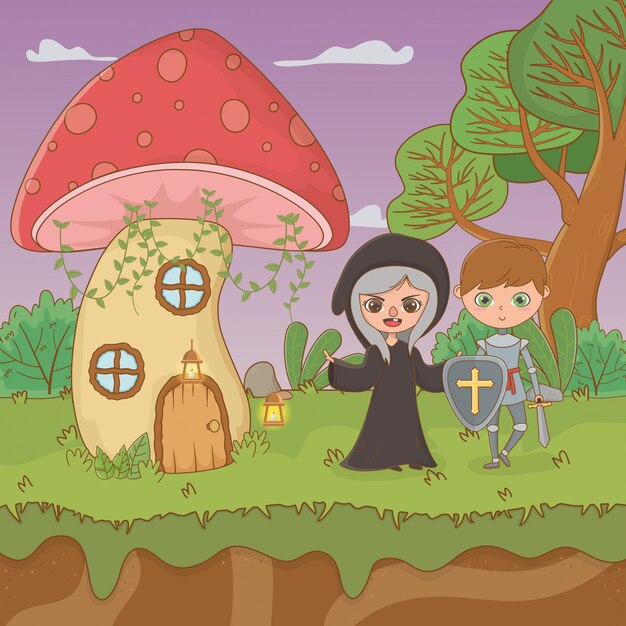 Escena de cuento de hadas con bruja y guerrero.