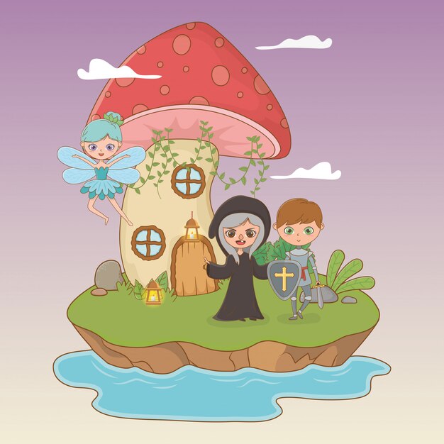 Escena de cuento de hadas con bruja y guerrero.