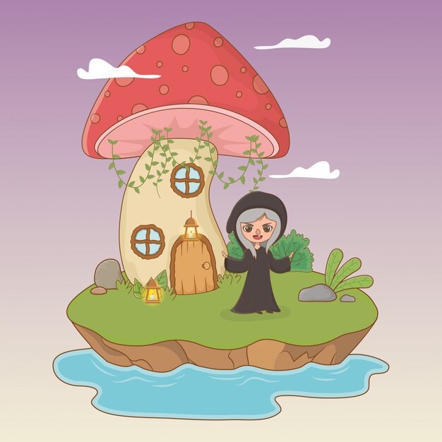 Escena de cuento de hadas con bruja