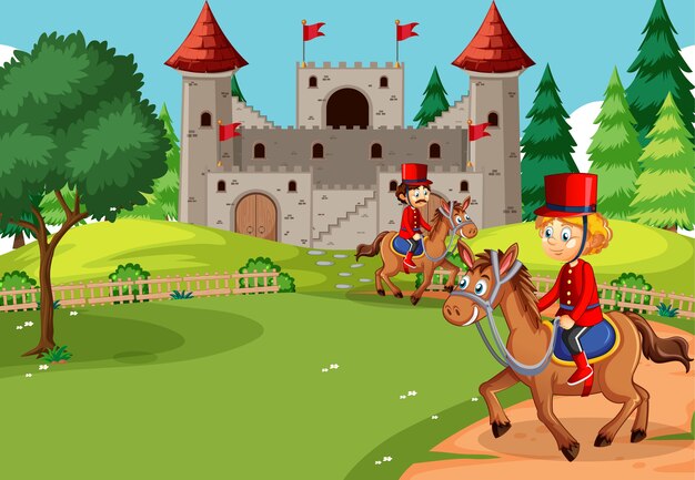 Escena de cuento de hadas con castillo y soldado escena de la guardia real.
