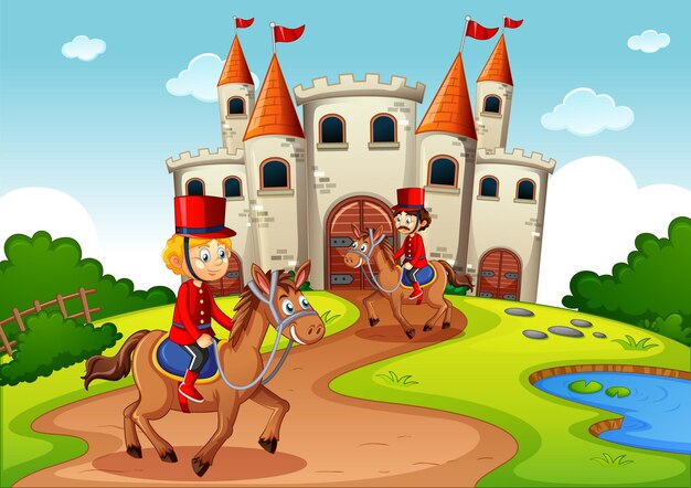 Escena de cuento de hadas con castillo y soldado escena de la guardia real.