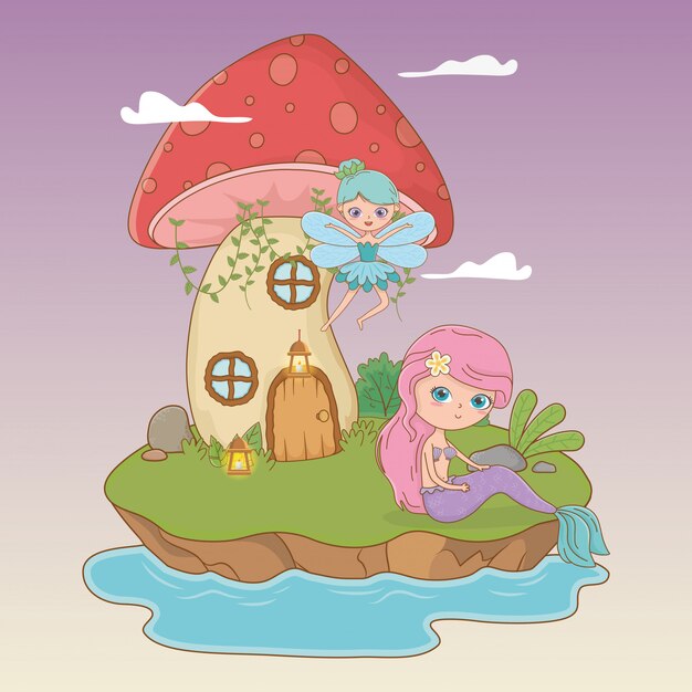 Escena de cuento de hadas con hada y sirena