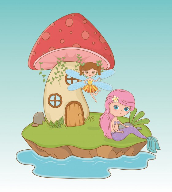 Escena de cuento de hadas con hada y sirena